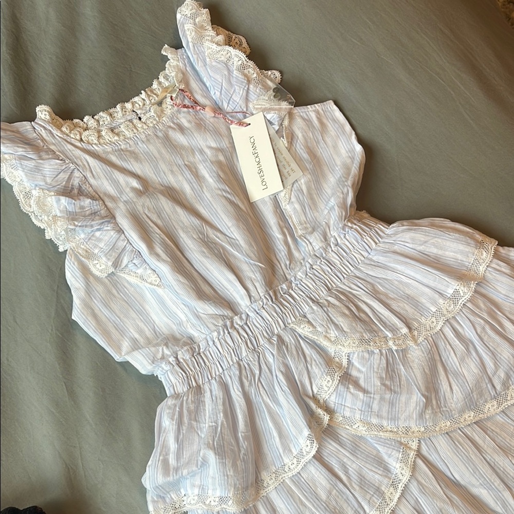 Love Shack Fancy Striped Ruffle Dress with Lace Trim